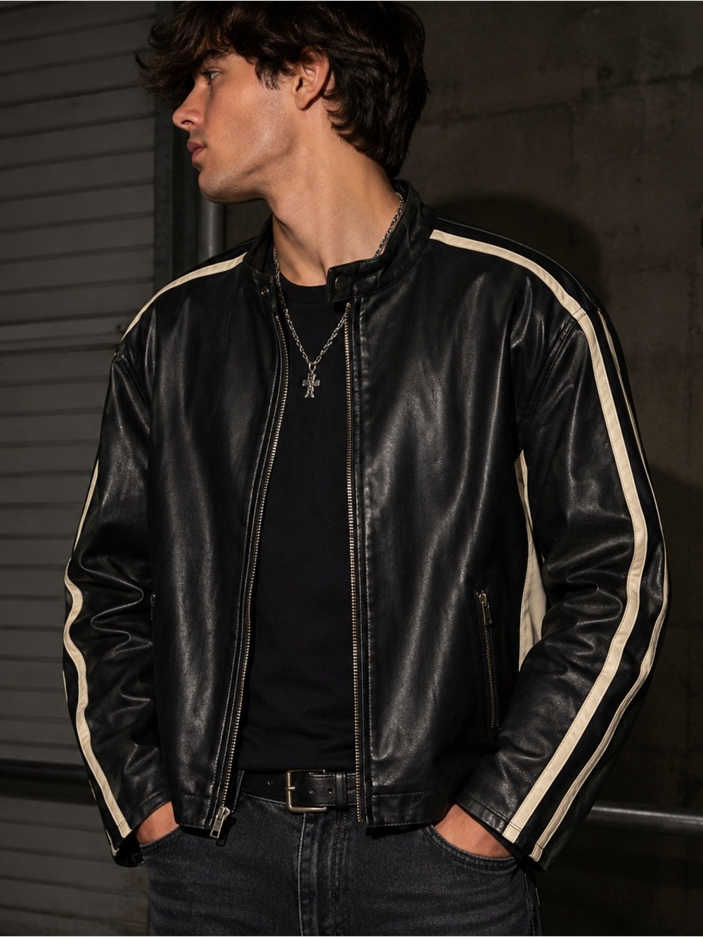 Steve & Barry’s Y2K Faux Leather Racing Jacket Men’s 2XLT Black Cream Moto Biker
